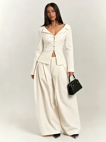 SHEIN BAE Women's Solid Color Pleated Wide Leg Loose Fit Suit Pants With Pockets - Apricot - View 3