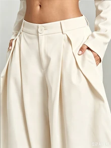 SHEIN BAE Women's Solid Color Pleated Wide Leg Loose Fit Suit Pants With Pockets - Apricot - View 6