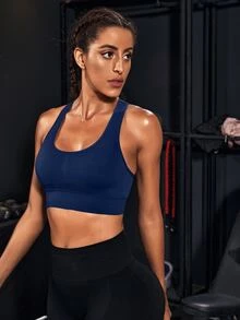Powerista Women's Solid Color Trimmed Cropped Fitted Sports Bra (Seamless Style) - Navy Blue - View 6