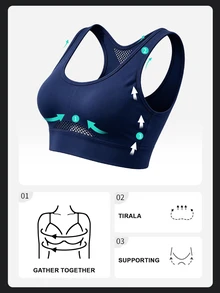Powerista Women's Solid Color Trimmed Cropped Fitted Sports Bra (Seamless Style) - Navy Blue - View 3