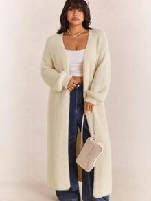 CovetEZ Autumn/Winter Solid Color Plush Soft Casual Versatile Plus Size Long Cardigan Sweater - Beige - View 7