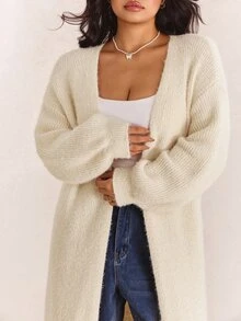 CovetEZ Autumn/Winter Solid Color Plush Soft Casual Versatile Plus Size Long Cardigan Sweater - Beige - View 3