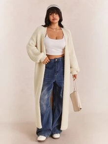 CovetEZ Autumn/Winter Solid Color Plush Soft Casual Versatile Plus Size Long Cardigan Sweater - Beige - View 4