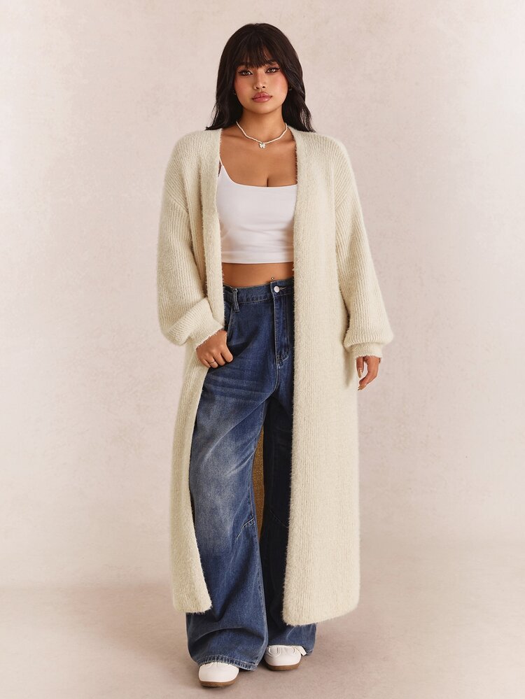 CovetEZ Autumn/Winter Solid Color Plush Soft Casual Versatile Plus Size Long Cardigan Sweater - Beige - View 6