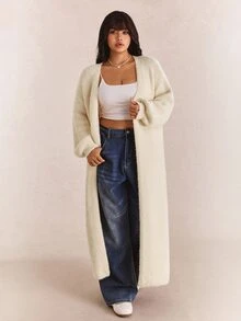 CovetEZ Autumn/Winter Solid Color Plush Soft Casual Versatile Plus Size Long Cardigan Sweater - Beige - View 5