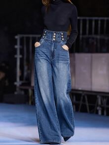 Balvessa Celana Jeans Denim Kasual Longgar dengan Kancing di Pinggang untuk Wanita, Model Pinggang Lebar dan Saku - Biru - View 3