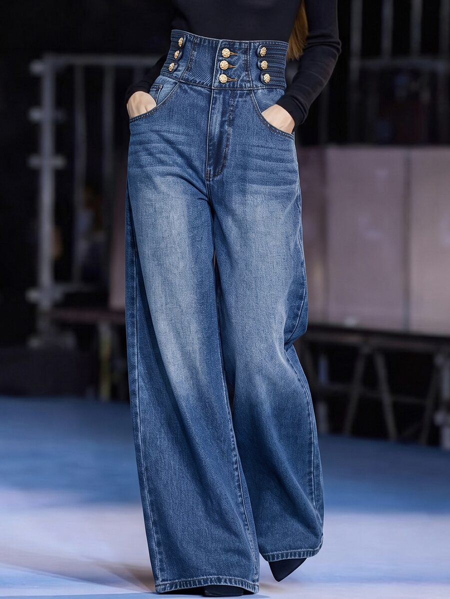 Balvessa Celana Jeans Denim Kasual Longgar dengan Kancing di Pinggang untuk Wanita, Model Pinggang Lebar dan Saku - Biru - View 1