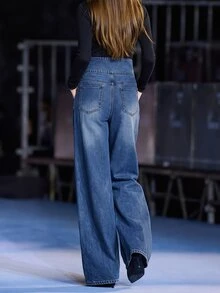 Balvessa Celana Jeans Denim Kasual Longgar dengan Kancing di Pinggang untuk Wanita, Model Pinggang Lebar dan Saku - Biru - View 2