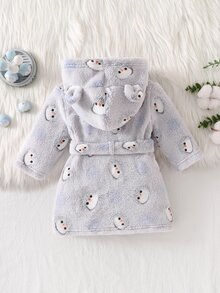 1 Piece Newborn Long Sleeve Robe With Double-Sided Plush, Cute Bear Design, Best Gift For Newborns, Home Wear, Versatile And Fashionable, Best Choice - Grey - View 2
