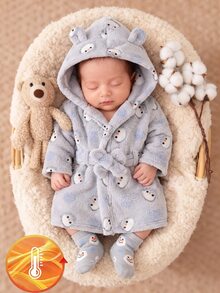 1 Piece Newborn Long Sleeve Robe With Double-Sided Plush, Cute Bear Design, Best Gift For Newborns, Home Wear, Versatile And Fashionable, Best Choice - Grey - View 6