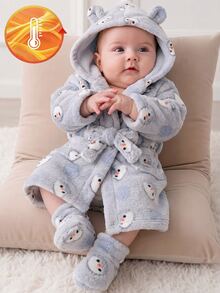 1 Piece Newborn Long Sleeve Robe With Double-Sided Plush, Cute Bear Design, Best Gift For Newborns, Home Wear, Versatile And Fashionable, Best Choice - Grey - View 1
