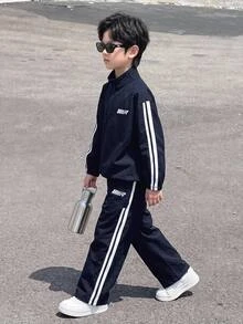 2件組兒童青少年男孩休閒運動寬鬆舒適外套與長褲套裝，黑色，適合秋冬、學校、家庭聚會、返校、運動、秋季穿搭、冬季穿搭、生日派對 - 藏蓝色 - 查看 2