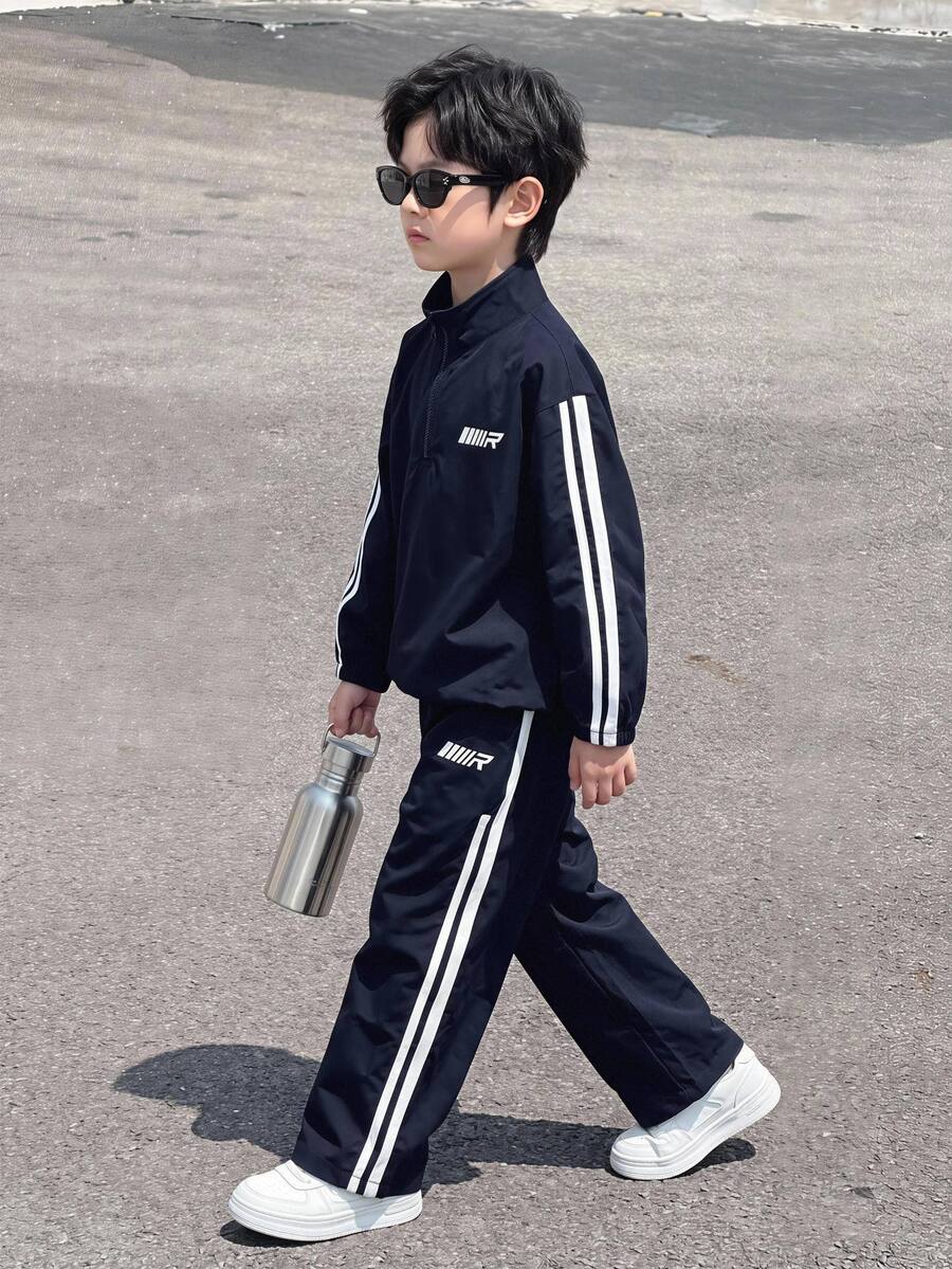 2件組兒童青少年男孩休閒運動寬鬆舒適外套與長褲套裝，黑色，適合秋冬、學校、家庭聚會、返校、運動、秋季穿搭、冬季穿搭、生日派對