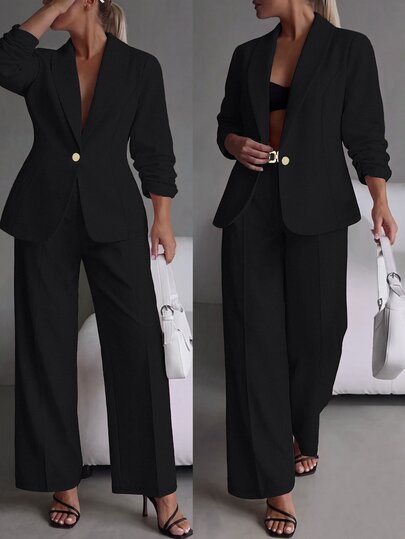 SHEIN LUNE CURVE Plus Size Women's Autumn/Winter Thin Solid Black Elastic Textured Fabric Minimalist Fitted Long Sleeve Ruched Single-Breasted Blazer And Matching Metal Button Decor Minimalist Fashion Straight Leg Pants Ultra Elastic Suit Set, Suitable For Business Commute And Daily Occasions