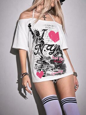 Y2K Anime Girl 2D Hot Girl Independence Day USA Flag Statue Of Liberty Asymmetrical Neck Halter Neck Tie Women T-Shirt