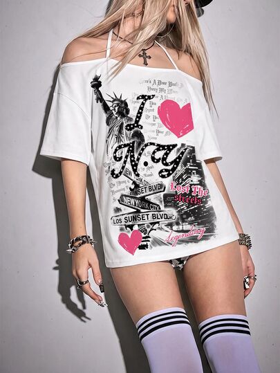 Y2K Anime Girl 2D Hot Girl Independence Day USA Flag Statue Of Liberty Asymmetrical Neck Halter Neck Tie Women T-Shirt