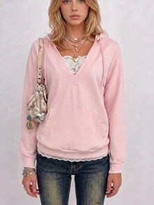 Sundraya Women Y2K Lace Patchwork V Neck Sweatshirt, Long Sleeve Drawstring Hooded Sweatshirt With Pocket - Baby Pink - View 2