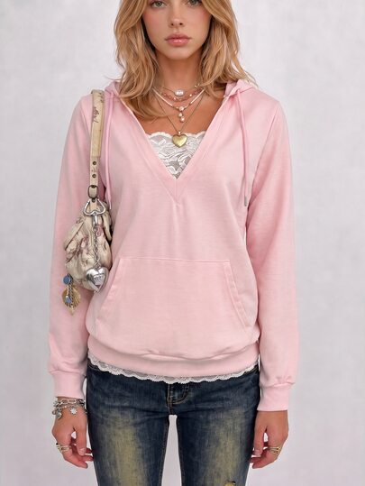 Sundraya 420# Jinglun Women's Fitted 2 In 1 Lace Patchwork Deep V-Neck Hooded Sweatshirt #230g Polyester Mid-Weight Sweatshirt Fabric - 124# Light Pink (Matching Pink Ribbed) + Flower Hope Lace