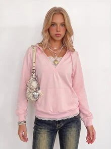 Sundraya Women Y2K Lace Patchwork V Neck Sweatshirt, Long Sleeve Drawstring Hooded Sweatshirt With Pocket - Baby Pink - View 6