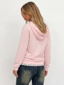Sundraya Women Y2K Lace Patchwork V Neck Sweatshirt, Long Sleeve Drawstring Hooded Sweatshirt With Pocket - Baby Pink - View 7