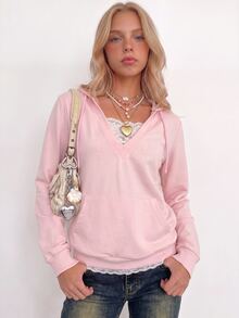 Sundraya Women Y2K Lace Patchwork V Neck Sweatshirt, Long Sleeve Drawstring Hooded Sweatshirt With Pocket - Baby Pink - View 1