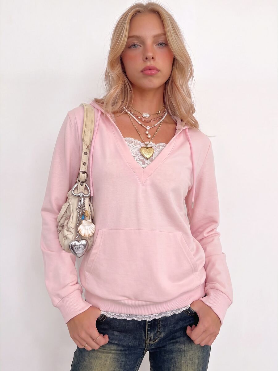 Sundraya Women Y2K Lace Patchwork V Neck Sweatshirt, Long Sleeve Drawstring Hooded Sweatshirt With Pocket - Baby Pink - View 1