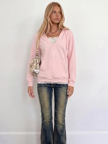 Sundraya Women Y2K Lace Patchwork V Neck Sweatshirt, Long Sleeve Drawstring Hooded Sweatshirt With Pocket - Baby Pink - View 3