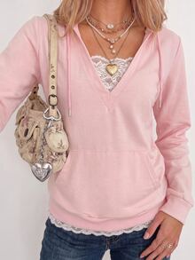 Sundraya Women Y2K Lace Patchwork V Neck Sweatshirt, Long Sleeve Drawstring Hooded Sweatshirt With Pocket - Baby Pink - View 4