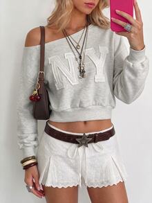 Sundraya 417# Jinglun Women's Asymmetric Shoulder Applique Embroidered Long Sleeve Oversized Sweatshirt #220g Japanese Sweatshirt 34# Heather Gray (Matching Rib) + Raw Fabric Applique Embroidery - Grey - View 4