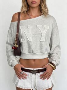 Sundraya 417# Jinglun Women's Asymmetric Shoulder Applique Embroidered Long Sleeve Oversized Sweatshirt #220g Japanese Sweatshirt 34# Heather Gray (Matching Rib) + Raw Fabric Applique Embroidery - Grey - View 5