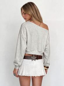 Sundraya 417# Jinglun Women's Asymmetric Shoulder Applique Embroidered Long Sleeve Oversized Sweatshirt #220g Japanese Sweatshirt 34# Heather Gray (Matching Rib) + Raw Fabric Applique Embroidery - Grey - View 3