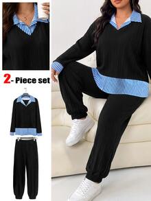 SHEIN LUNE CURVE Plus Size Women's Autumn/Winter Casual Patchwork Striped Print Knit Fleece Ribbed 2 Pieces Set - Multicolor - View 1