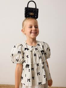 Maija Kids Maija Kids Loose Casual Ditsy Floral Pattern Bowknot Decor Blouse For Young Girls - Black - View 3