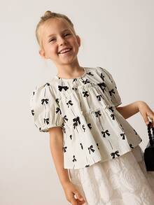 Maija Kids Maija Kids Loose Casual Ditsy Floral Pattern Bowknot Decor Blouse For Young Girls - Black - View 4