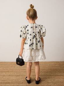 Maija Kids Maija Kids Loose Casual Ditsy Floral Pattern Bowknot Decor Blouse For Young Girls - Black - View 2