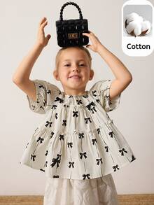 Maija Kids Maija Kids Loose Casual Ditsy Floral Pattern Bowknot Decor Blouse For Young Girls - Black - View 1