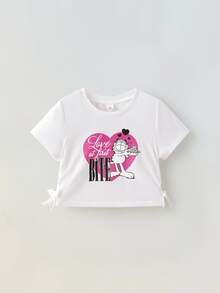 Maija Kids GARFIELD | SHEIN Maija Kids 2pcs/Set Young Girl Cartoon Pattern Round Neck Short Sleeve T-Shirt & Pink Layered Hem Skirt Set - Pink - View 10