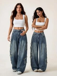 SHEIN PETITE Women's Wide Leg Denim Jeans With Pocket, Pleats, Star Patch And Frayed Hem Fall/Winter Elegant Vacation Formal Business Festival Ceremony PETITE - Blue - View 6