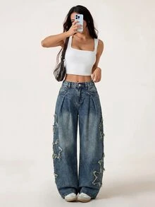 SHEIN PETITE Women's Wide Leg Denim Jeans With Pocket, Pleats, Star Patch And Frayed Hem Fall/Winter Elegant Vacation Formal Business Festival Ceremony PETITE - Blue - View 8