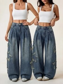 SHEIN PETITE Women's Wide Leg Denim Jeans With Pocket, Pleats, Star Patch And Frayed Hem Fall/Winter Elegant Vacation Formal Business Festival Ceremony PETITE - Blue - View 3