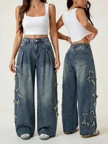 SHEIN PETITE Women's Wide Leg Denim Jeans With Pocket, Pleats, Star Patch And Frayed Hem Fall/Winter Elegant Vacation Formal Business Festival Ceremony PETITE - Blue - View 9