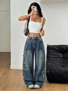 SHEIN PETITE Women's Wide Leg Denim Jeans With Pocket, Pleats, Star Patch And Frayed Hem Fall/Winter Elegant Vacation Formal Business Festival Ceremony PETITE - Blue - View 10