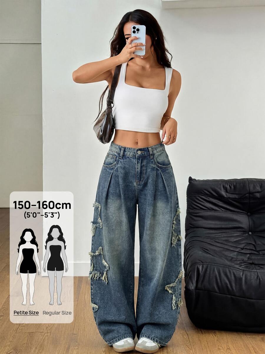 SHEIN PETITE Women's Wide Leg Denim Jeans With Pocket, Pleats, Star Patch And Frayed Hem Fall/Winter Elegant Vacation Formal Business Festival Ceremony PETITE
