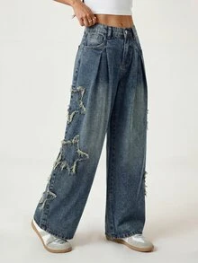 SHEIN PETITE Women's Wide Leg Denim Jeans With Pocket, Pleats, Star Patch And Frayed Hem Fall/Winter Elegant Vacation Formal Business Festival Ceremony PETITE - Blue - View 5
