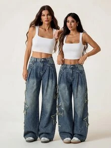 SHEIN PETITE Women's Wide Leg Denim Jeans With Pocket, Pleats, Star Patch And Frayed Hem Fall/Winter Elegant Vacation Formal Business Festival Ceremony PETITE - Blue - View 7