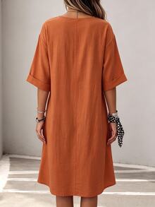 SHEIN LUNE CURVE Boho Casual Brown Linen Shirt Dress, Half-Open Collar, Single-Breasted, 3/4 Rolled Sleeves, Loose Fit, Mid-Length Fall Thanksgiving Vacation Going Out - Orange - View 2