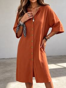 SHEIN LUNE CURVE Boho Casual Brown Linen Shirt Dress, Half-Open Collar, Single-Breasted, 3/4 Rolled Sleeves, Loose Fit, Mid-Length Fall Thanksgiving Vacation Going Out - Orange - View 6