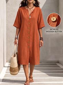 SHEIN LUNE CURVE Boho Casual Brown Linen Shirt Dress, Half-Open Collar, Single-Breasted, 3/4 Rolled Sleeves, Loose Fit, Mid-Length Fall Thanksgiving Vacation Going Out - Orange - View 1