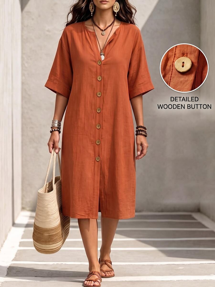 SHEIN LUNE CURVE Boho Casual Brown Linen Shirt Dress, Half-Open Collar, Single-Breasted, 3/4 Rolled Sleeves, Loose Fit, Mid-Length Fall Thanksgiving Vacation Going Out - Orange - View 1