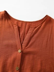 SHEIN LUNE CURVE Boho Casual Brown Linen Shirt Dress, Half-Open Collar, Single-Breasted, 3/4 Rolled Sleeves, Loose Fit, Mid-Length Fall Thanksgiving Vacation Going Out - Orange - View 7